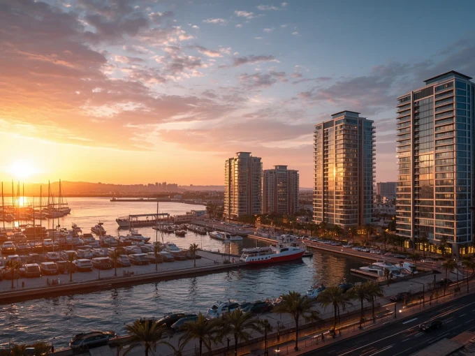 Tangier marina skyline at sunset